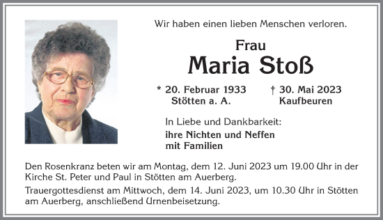 Traueranzeige von Maria Stoß von Allgäuer Zeitung, Marktoberdorf