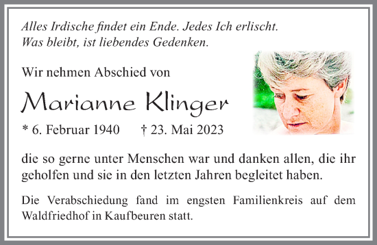 Traueranzeige von Marianne Klinger von Allgäuer Zeitung, Kaufbeuren/Buchloe