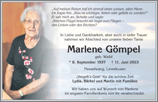 Traueranzeige von Marlene Gömpel von Allgäuer Zeitung, Füssen
