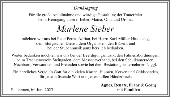 Traueranzeige von Marlene Sieber von Allgäuer Zeitung, Füssen