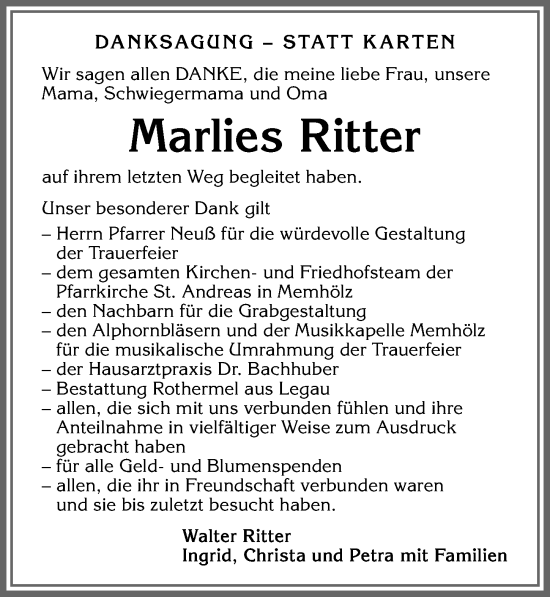 Traueranzeige von Marlies Ritter von Allgäuer Anzeigeblatt
