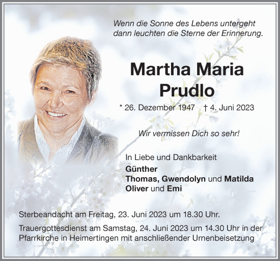 Traueranzeige von Martha Maria Prudlo von Memminger Zeitung