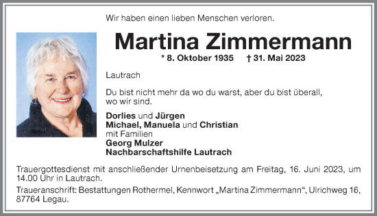 Traueranzeige von Martina Zimmermann von Memminger Zeitung