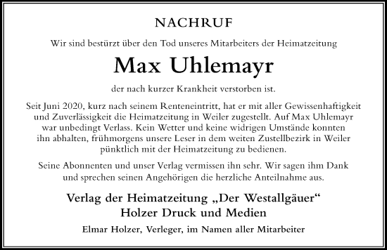 Traueranzeige von Max Uhlemayr von Der Westallgäuer