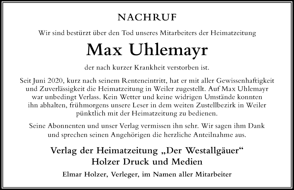  Traueranzeige für Max Uhlemayr vom 29.06.2023 aus Der Westallgäuer
