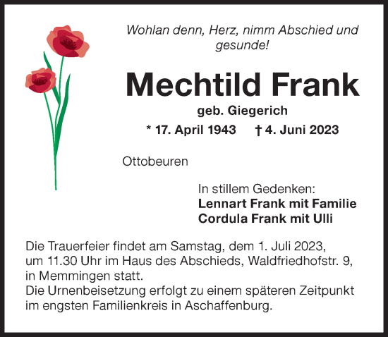 Traueranzeige von Mechtild Frank von Memminger Zeitung
