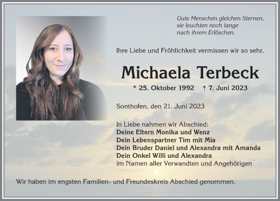 Traueranzeige von Michaela Terbeck von Allgäuer Anzeigeblatt