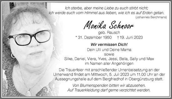 Traueranzeige von Monika Schnoor von Allgäuer Zeitung, Marktoberdorf