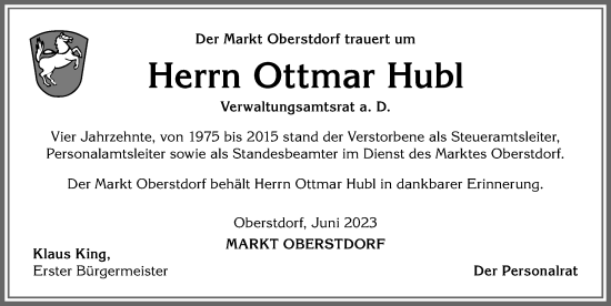 Traueranzeige von Ottmar Hubl von Allgäuer Anzeigeblatt