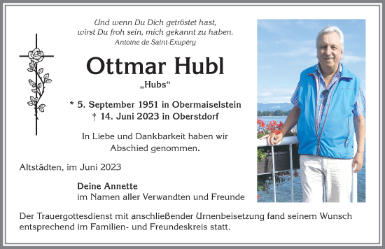 Traueranzeige von Ottmar Hubl von Allgäuer Anzeigeblatt