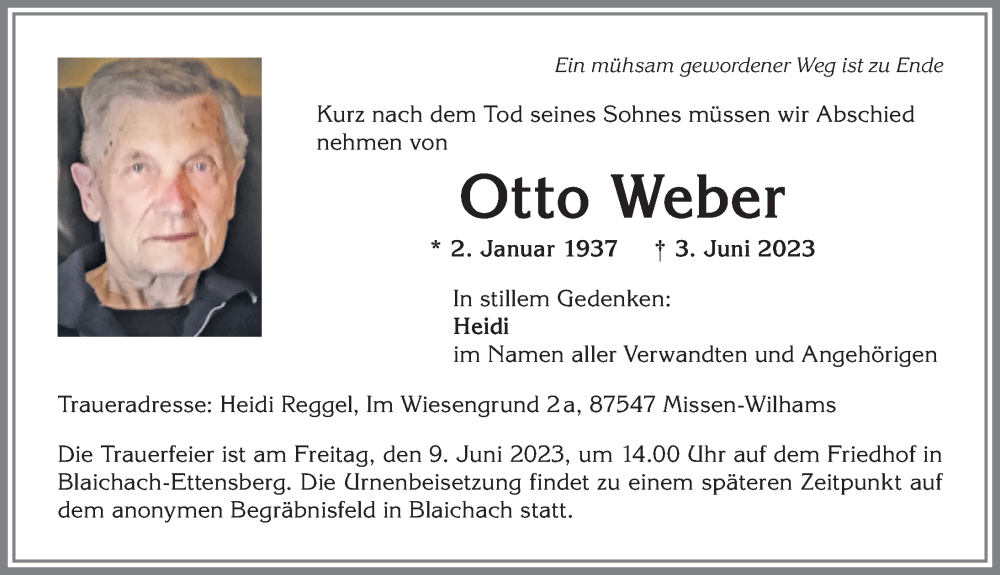  Traueranzeige für Otto Weber vom 07.06.2023 aus Allgäuer Anzeigeblatt