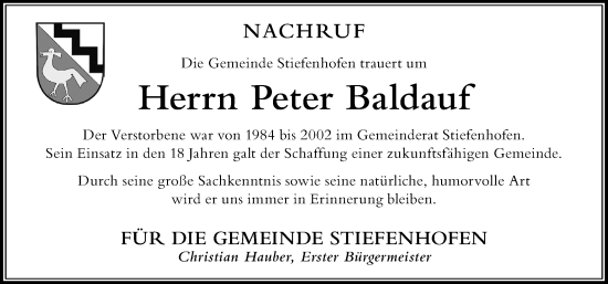 Traueranzeige von Peter Baldauf von Der Westallgäuer