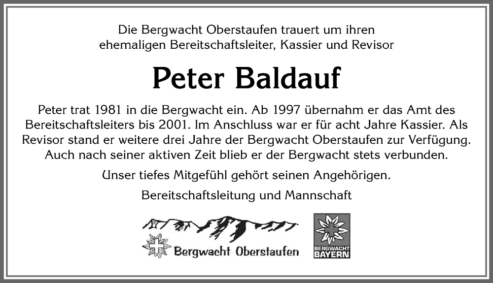  Traueranzeige für Peter Baldauf vom 03.06.2023 aus Allgäuer Anzeigeblatt
