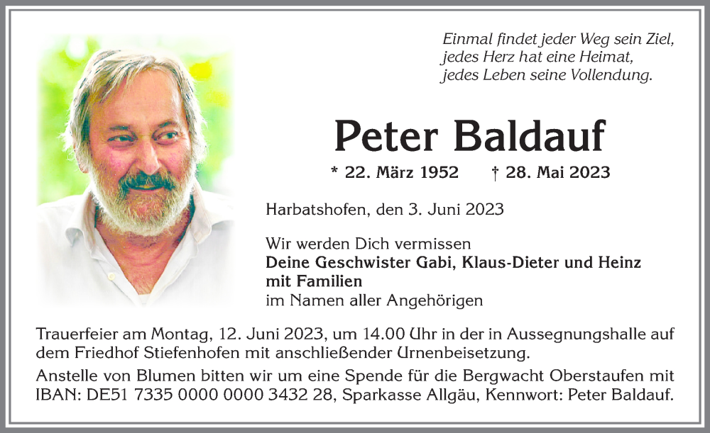  Traueranzeige für Peter Baldauf vom 03.06.2023 aus Allgäuer Anzeigeblatt