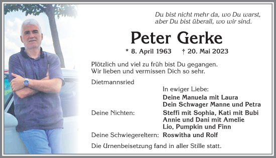Traueranzeige von Peter Gerke von Allgäuer Zeitung,Kempten