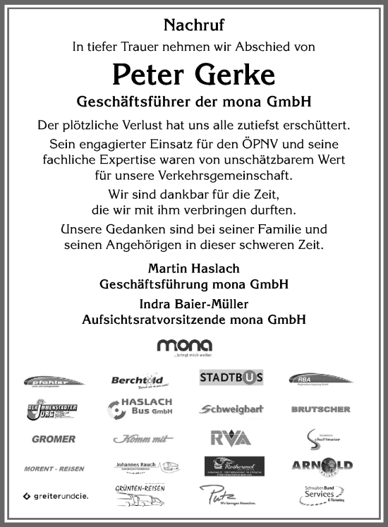 Traueranzeige von Peter Gerke von Allgäuer Zeitung, Gesamtausgabe