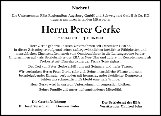 Traueranzeige von Peter Gerke von Allgäuer Zeitung, Gesamtausgabe