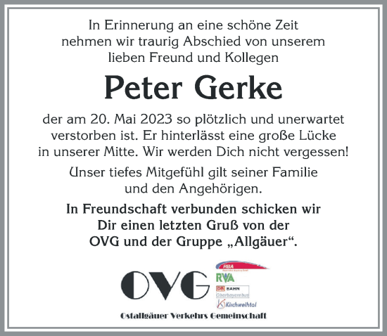 Traueranzeige von Peter Gerke von Allgäuer Zeitung,Kempten