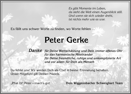 Traueranzeige von Peter Gerke von Allgäuer Zeitung,Kempten