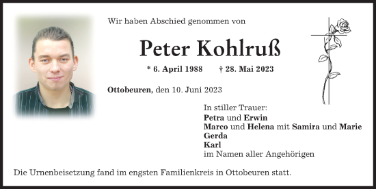 Traueranzeige von Peter Kohlruß von Memminger Zeitung