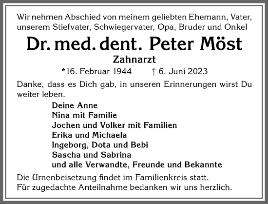 Traueranzeige von Peter Möst von Allgäuer Zeitung, Füssen