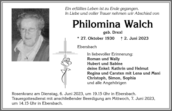 Traueranzeige von Philomina Walch von Allgäuer Zeitung, Marktoberdorf