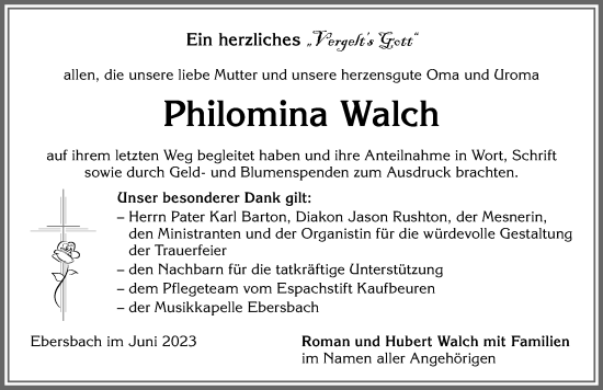 Traueranzeige von Philomina Walch von Allgäuer Zeitung, Marktoberdorf