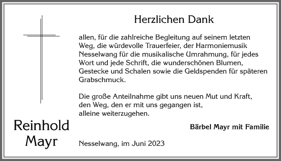 Traueranzeige von Reinhold Mayr von Allgäuer Zeitung, Füssen