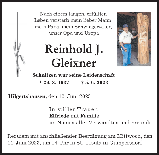 Traueranzeige von Reinhold J. Gleixner von Allgäuer Zeitung, Füssen