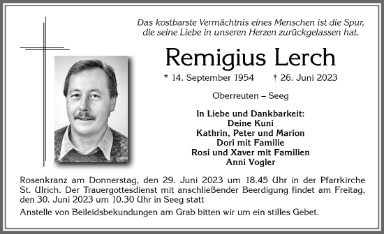 Traueranzeige von Remigius Lerch von Allgäuer Zeitung, Füssen