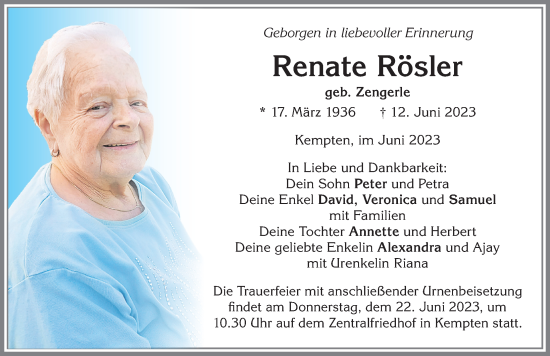 Traueranzeige von Renate Rösler von Allgäuer Zeitung,Kempten