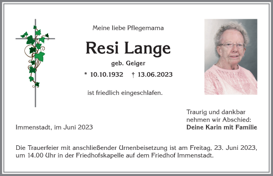 Traueranzeige von Resi Lange von Allgäuer Anzeigeblatt