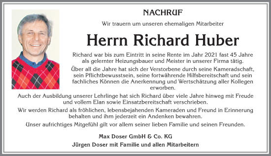 Traueranzeige von Richard Huber von Allgäuer Zeitung, Kaufbeuren/Buchloe