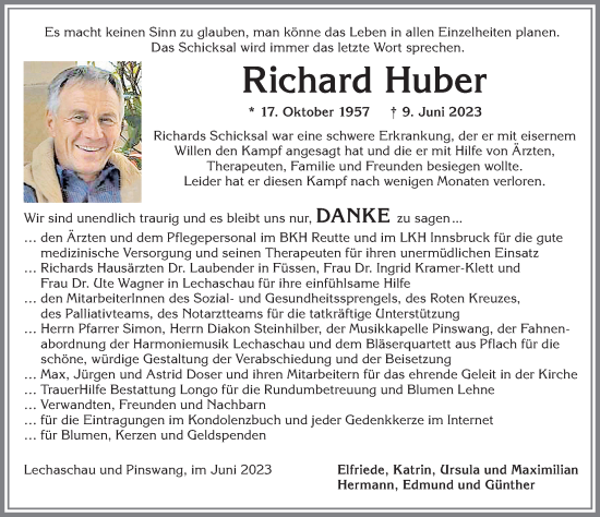 Traueranzeige von Richard Huber von Allgäuer Zeitung, Füssen