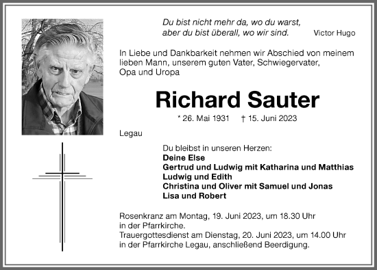 Traueranzeige von Richard Sauter von Memminger Zeitung