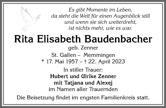 Traueranzeige von Rita Elisabeth Baudenbacher von Memminger Zeitung