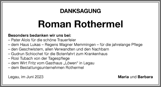Traueranzeige von Roman Rothermel von Memminger Zeitung
