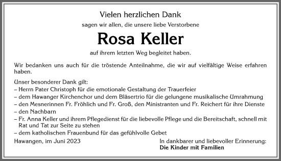 Traueranzeige von Rosa Keller von Memminger Zeitung