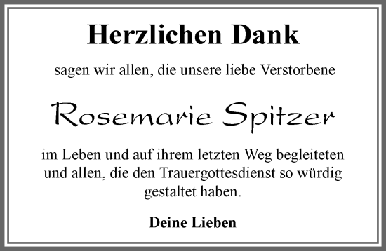 Traueranzeige von Rosemarie Spitzer von Allgäuer Zeitung, Marktoberdorf
