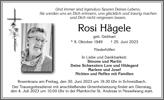 Traueranzeige von Rosi Hägele von Allgäuer Zeitung, Füssen