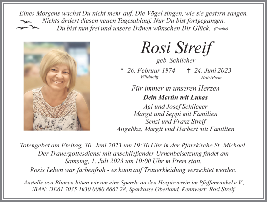 Traueranzeige von Rosi Streif von Allgäuer Zeitung, Füssen