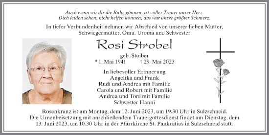 Traueranzeige von Rosi Strobel von Allgäuer Zeitung, Marktoberdorf