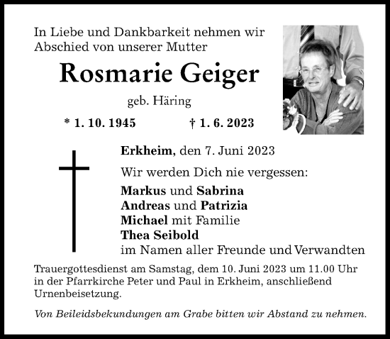 Traueranzeige von Rosmarie Geiger von Memminger Zeitung