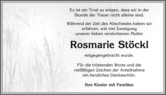 Traueranzeige von Rosmarie Stöckl von Allgäuer Zeitung,Kempten