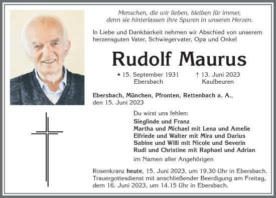Traueranzeige von Rudolf Maurus von Allgäuer Zeitung, Marktoberdorf