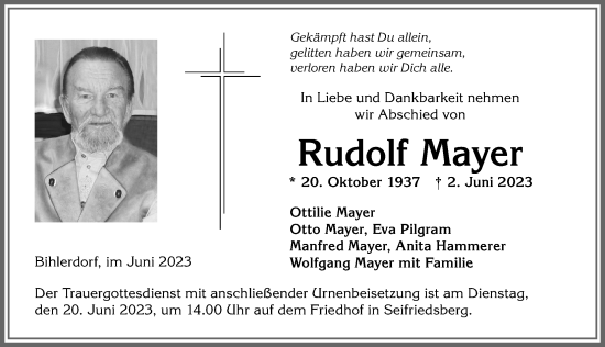 Traueranzeige von Rudolf Mayer von Allgäuer Anzeigeblatt