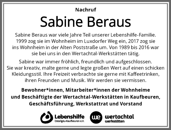 Traueranzeige von Sabine Beraus von Allgäuer Zeitung, Kaufbeuren/Buchloe
