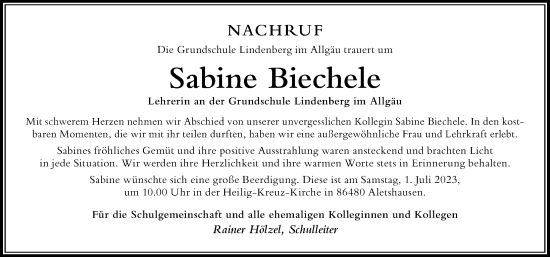 Traueranzeige von Sabine Biechele von Der Westallgäuer
