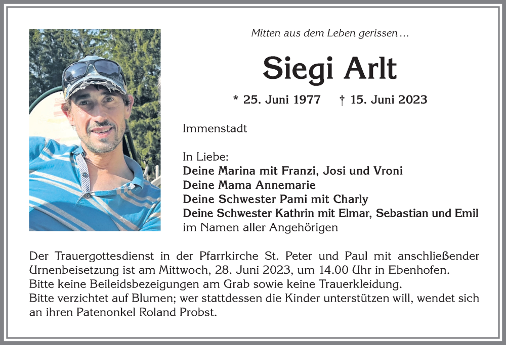  Traueranzeige für Siegi Arlt vom 24.06.2023 aus Allgäuer Zeitung, Marktoberdorf