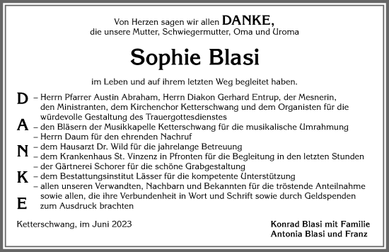 Traueranzeige von Sophie Blasi von Allgäuer Zeitung, Kaufbeuren/Buchloe